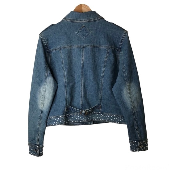 JouJou Jr Plus 2X Womens Denim Studded‎ Distressed Jacket Cropped Pockets Blue - Picture 2 of 16